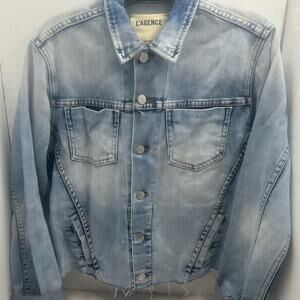 L’AGENCE DISTRESSED LIGHT DENIM JACKET RAW EDGES SOFT SEE MEASUREMENTS POCKETS